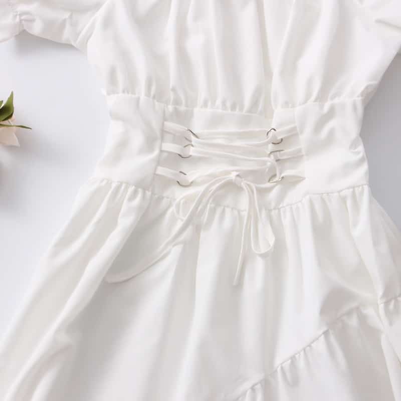 HOUZHOU Women's White Dress Summer Elegant Vintage Kawaii Puff Sleeve Midi Dress Square Collar Bandage Sundress Goth Outfits