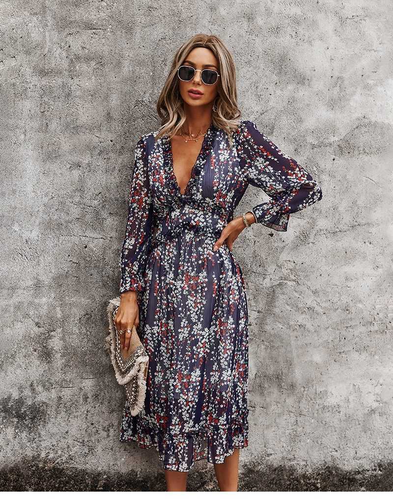 Sexy V Neck Floral Dress Ladies 2022 New Butterfly Sleeve High Waist Casual Print Dresses For Women Summer Chiffon Dress