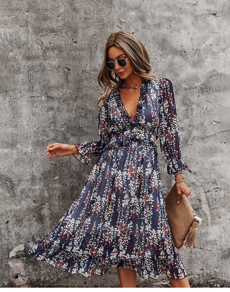 Sexy V Neck Floral Dress Ladies 2022 New Butterfly Sleeve High Waist Casual Print Dresses For Women Summer Chiffon Dress