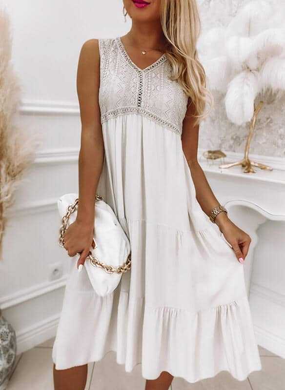 New Hollow Out Summer Women Casual Solid Princess Dress Sleeveless V-Neck Sling Ladies Party Dress Sweet Streetwear Dropshipping