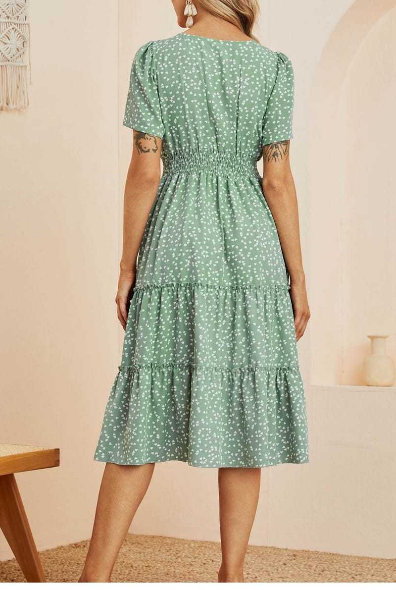 Summer Love Pattern Dot Print Dress Women 2022 New Casual Short Sleeve Square Collar Ruffles Medium Long Chiffon Dress