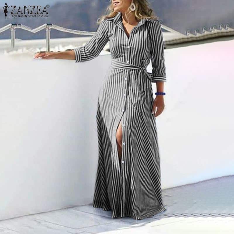 Fashion Women Lapel Neck Striped Dress ZANZEA Autumn Long Sleeve Buttons Maxi Long Dress Elegant Shirt Vestidos Femme Sundress