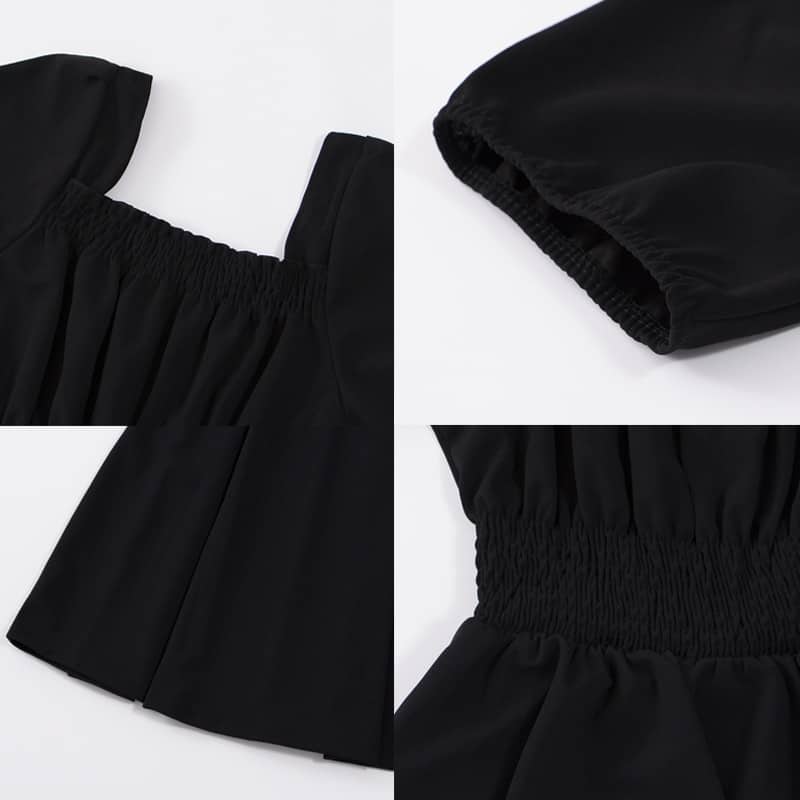 HOUZHOU Black Vintage Midi Dress Elegant Women Dresses Square Collar Puff Sleeve Oversized Loose Casual Sundress Female Robe