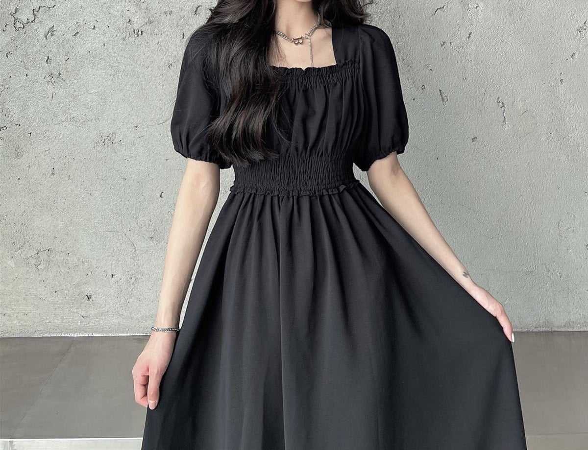 HOUZHOU Black Vintage Midi Dress Elegant Women Dresses Square Collar Puff Sleeve Oversized Loose Casual Sundress Female Robe