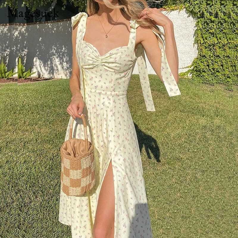 Summer Sweet Casual Sexy Lace-Up Split OL Chic Mid-Calf Aesthetic Dress Floral Off Shoulder Raglan Sleeve Dress Woman Robe 20807