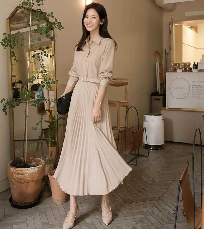 Lucyever Elegant High Waist Pleated Dress Women Korean Fashion with Belt Shirt Dresses Female 2022 Autumn Long Sleeve Midi Dress