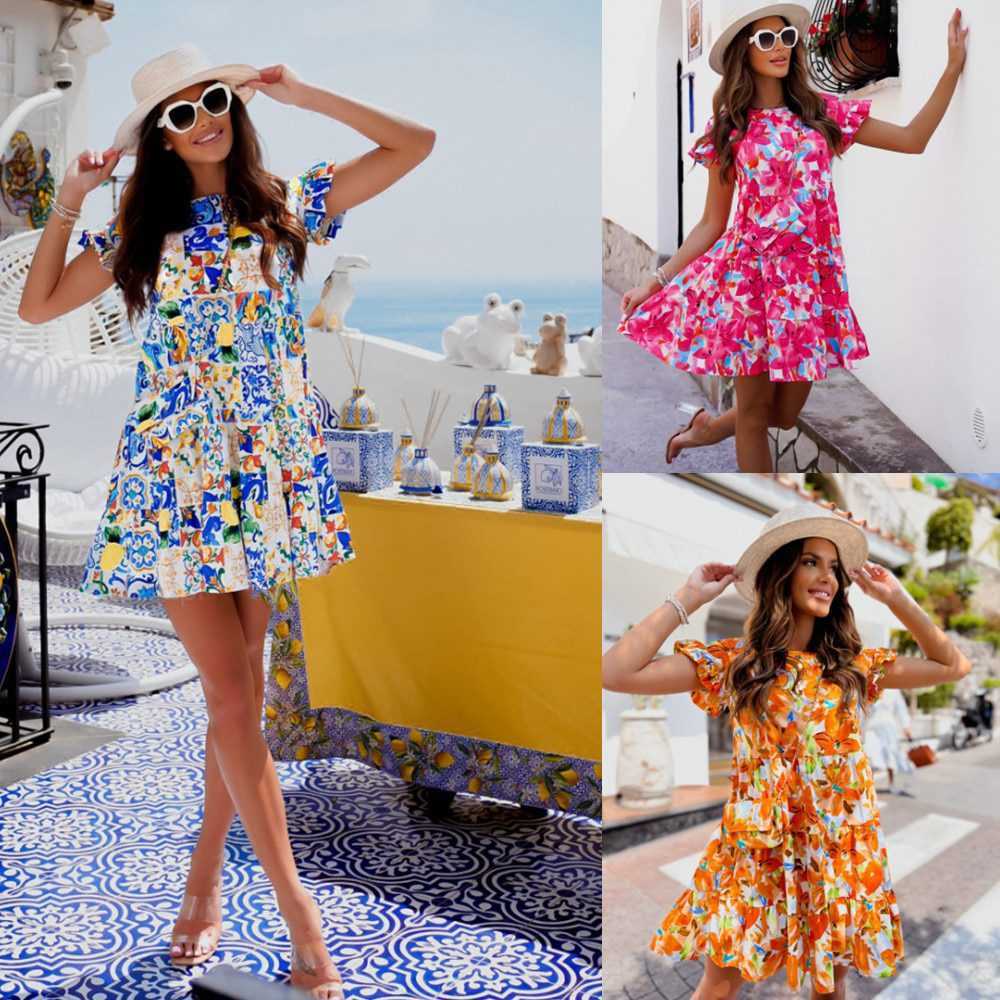Summer Fashion Print A-line Dress Women O-neck Short Sleeve Ruffles Casual Loose Mini Dress 2022 Ladies Holiday Beach Dresses