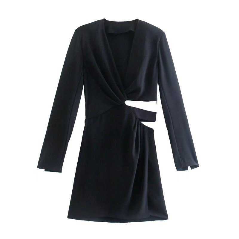T MODA 2022 Autumn Women Elegant Black Cut Out Mini Dress Office Ladies Fashion Long Sleeve Pleated Short Dress Chic Outwear